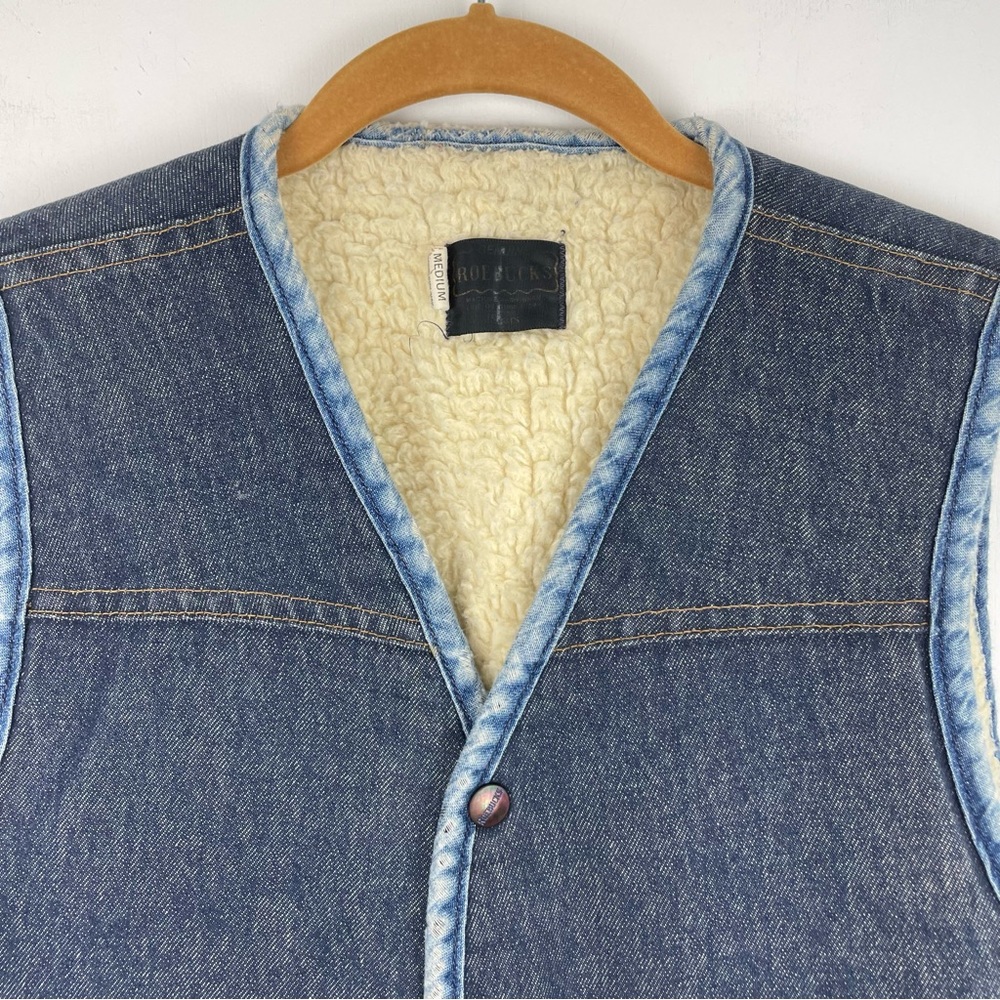 Vintage 70s Sears Roebucks Western Wear Denim Vest Sherpa Lined Sz Medium - Picture 3 of 13
